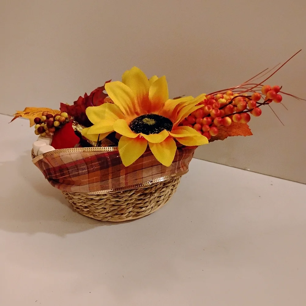 Autumn Harvest Floral Berries Leaves Small Basket Mixed Media Homemade Accents